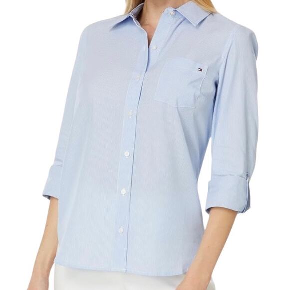 Tommy Hilfiger Women’s Cotton Pinstripe Button Down Shirt Blue Size M - Picture 1 of 3